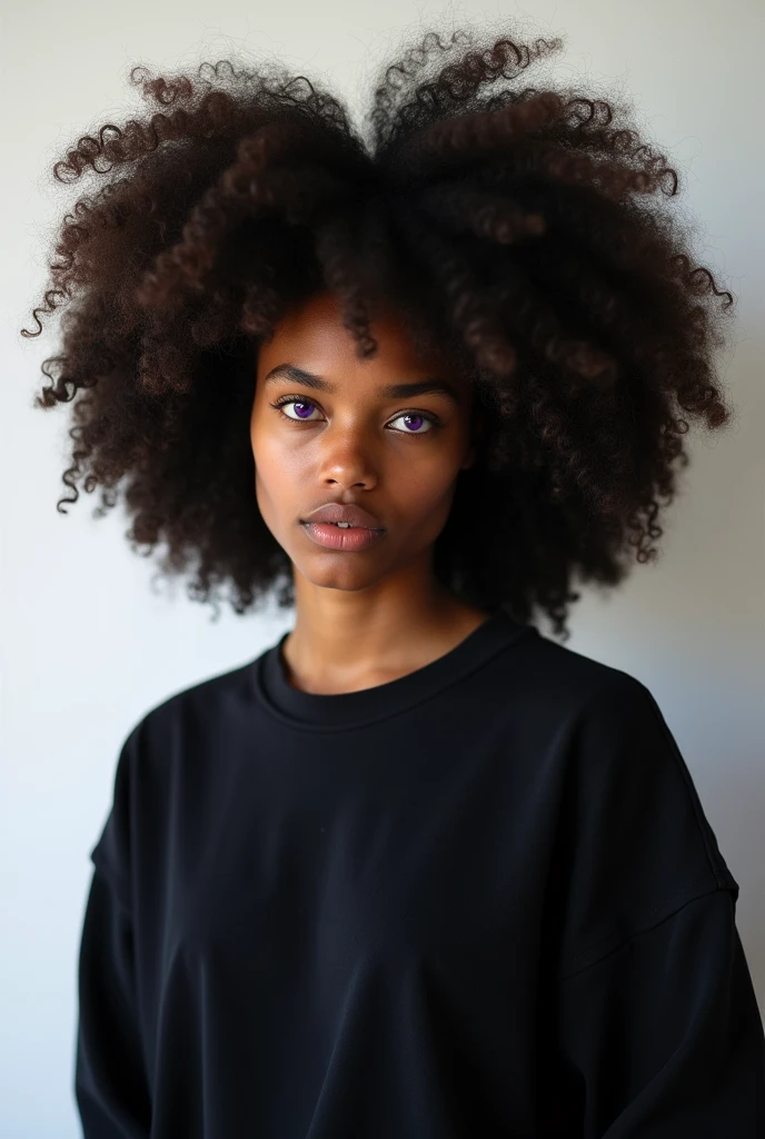 A black girl with curly hair and purple eyes , black sweatshirt and white background 
