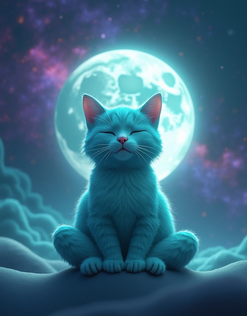 create a turquoise cat, he is meditating on the moon, is calm and happy, He's cute, and has his eyes closed, super realistico, the background is the turquoise galaxy with purple
