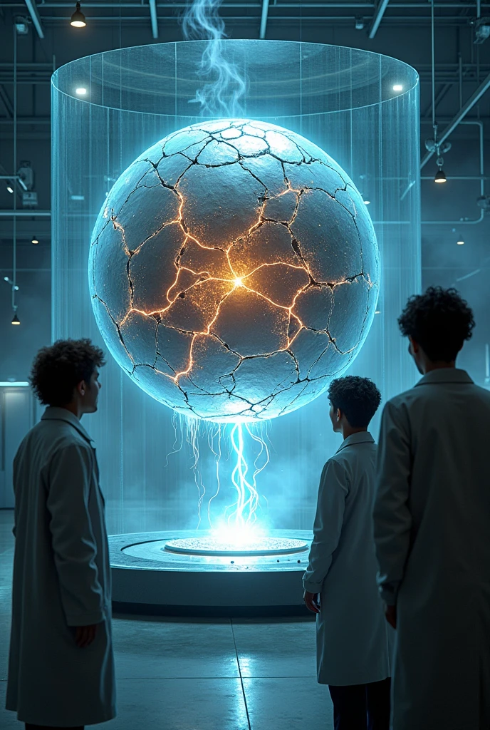 In a laboratory a cracked metal colored sphere and a kind of bright flash coming out of the cracks and that sphere is inside a glass window. And 3 scientists are watching in amazement