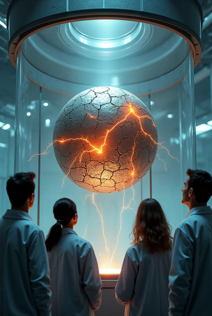 In a laboratory a cracked metal colored sphere and a kind of bright flash coming out of the cracks and that sphere is inside a glass window. And 3 scientists are watching in amazement