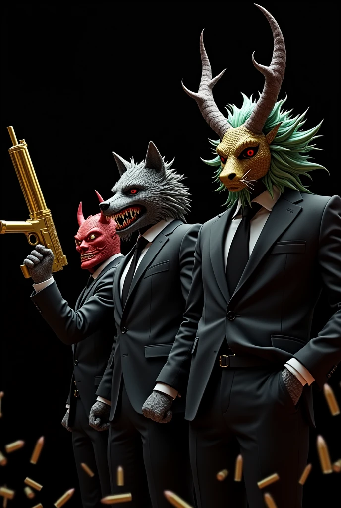 3 men in black suits, one on the far right with a horned dragon mask and realistic green hair with purple tips and slanted red eyes ,  . In the middle one with a realistic wolf mask that has hair and on the left one with a realistic red demon mask , The 3 in golden suits, guns and lots of bullets.  Let the dragon be on the right     .     With golden weapons , the 3 celebrating with their weapons.    Black background