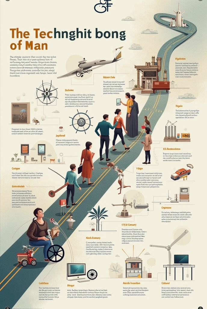 Create a conceptual image titled 'The Technologies of Man', that shows a visual timeline of major technological inventions. Includes:
An ancient wheel and a writing tablet at the beginning.
A printing press and a compass depicted in the Middle Ages.
A steam engine and a telegraph during the Industrial Revolution.
An old telephone and a car in the 19th century.
An airplane and a computer in the 20th century.
A symbol of the Internet and a mobile phone in the Digital Revolution.
Finally, shows symbols of artificial intelligence and renewable energy in contemporary technology. The background should be a mix of historical and modern elements with a clean and organized design.. The title 'The Technologies of Man' should be highlighted and centered."