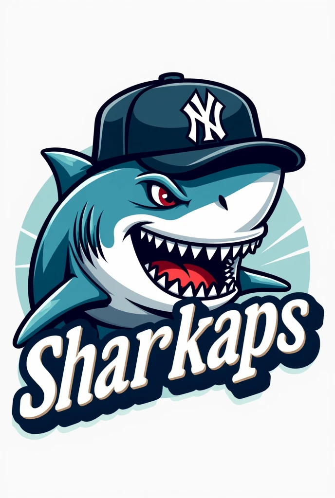 Create a logo of a shark with a NY cap that says SHARKAPS

