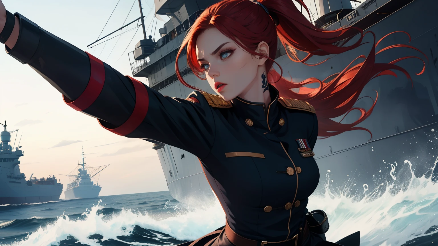 Hot young woman, long red hair, ponytail, admiral's uniform, many nautical tattoos, black make-up, high boots, high quality, best quality, high details, blue eyes, perfect body, warship in backround, navy, cannons fire, masterpiece, multilayer, angry eyes,