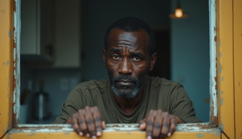 A real picture of unhappy black man from Africa sitting behind kitchen window wondering and scared about the future