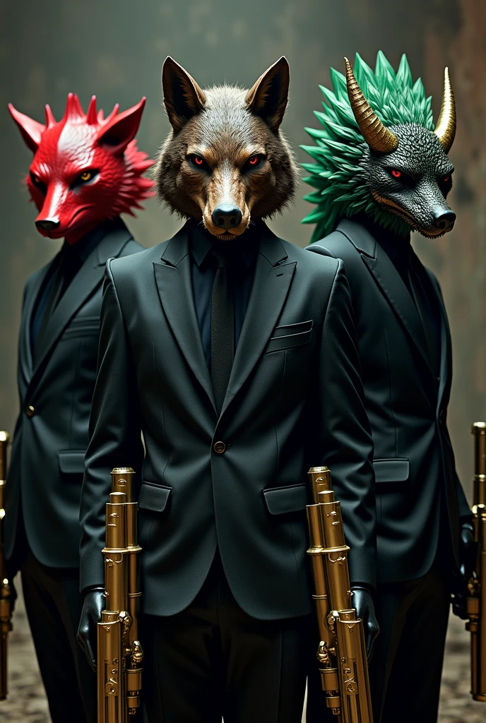 3 men in black suits, one on the far right with a horned dragon mask and realistic green hair with purple tips and slanted red eyes ,  . In the middle one with a realistic wolf mask that has fur and pointed ears and on the left one with a realistic red demon mask , The 3 in golden suits, guns and lots of bullets.  Let the dragon be on the right     .     With golden weapons 