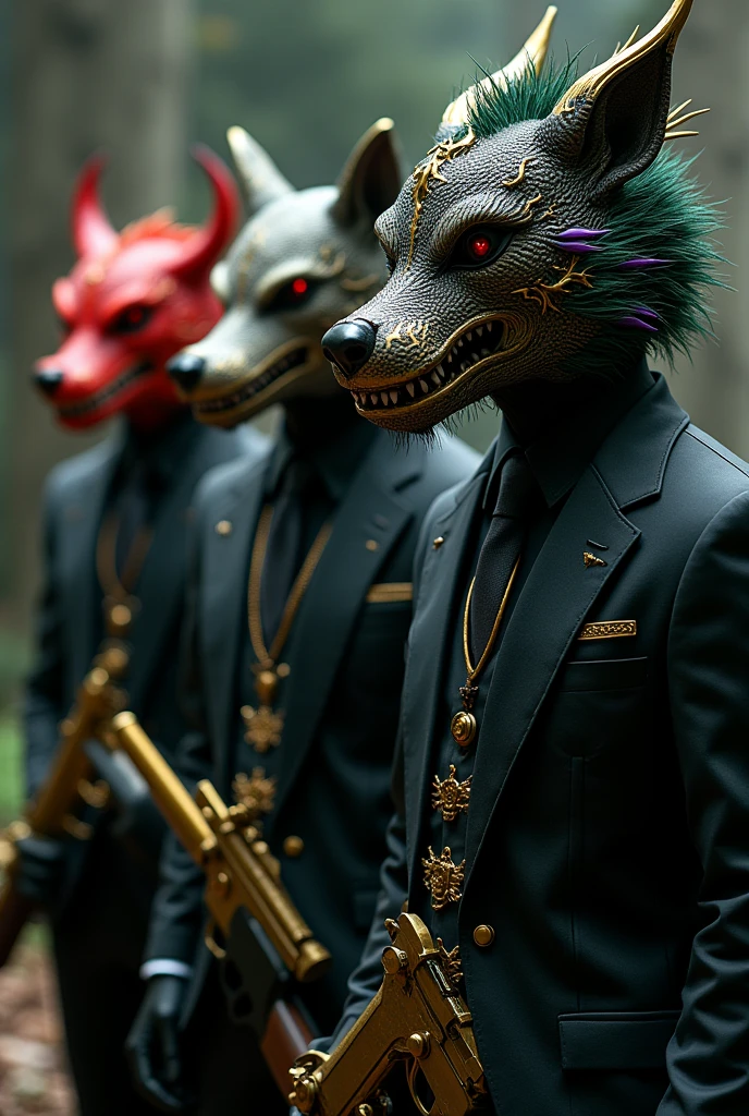 3 men in black suits, one on the far right with a horned dragon mask and realistic green hair with purple tips and slanted red eyes , . In the middle one with a realistic wolf mask that has fur and pointed ears and on the left one with a realistic red demon mask , The 3 in golden suits, guns and lots of bullets. Let the dragon be on the right . With golden weapons