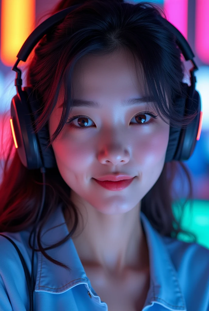 High-quality photograph of a asian gamer girl. Bright and crispy portrait avatar.