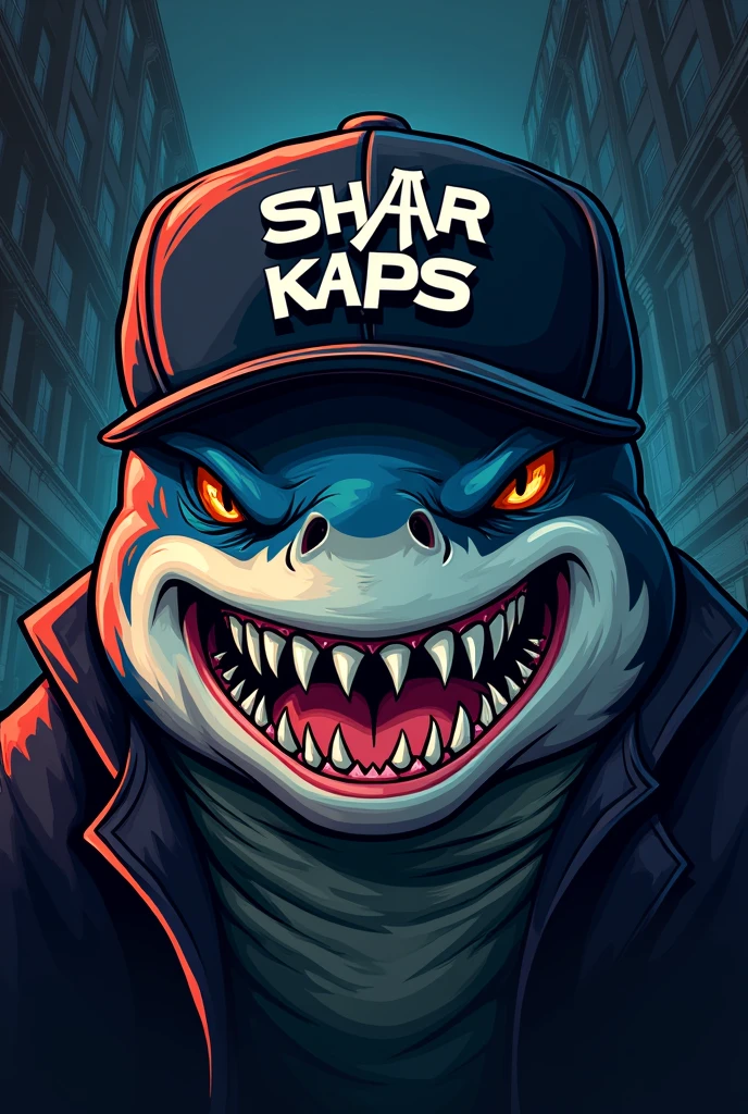 Create a logo of a gangster shark with a NY cap that says SHARKAPS
