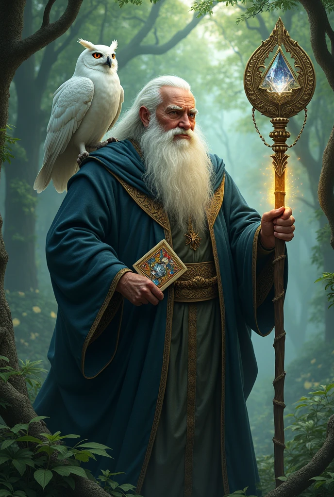 A powerful old wizard with a white beard in a forest with his staff tipped with a rare diamond. On his shoulder a white owl with blue eyes and in one of his hands a card of the Queen of Diamonds