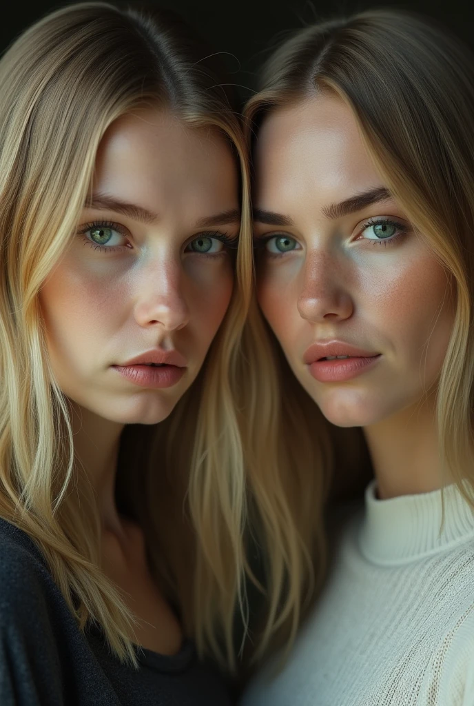 A nearly realistic 2 white woman who is not smiling, with straight blonde hair and emerald green eyes