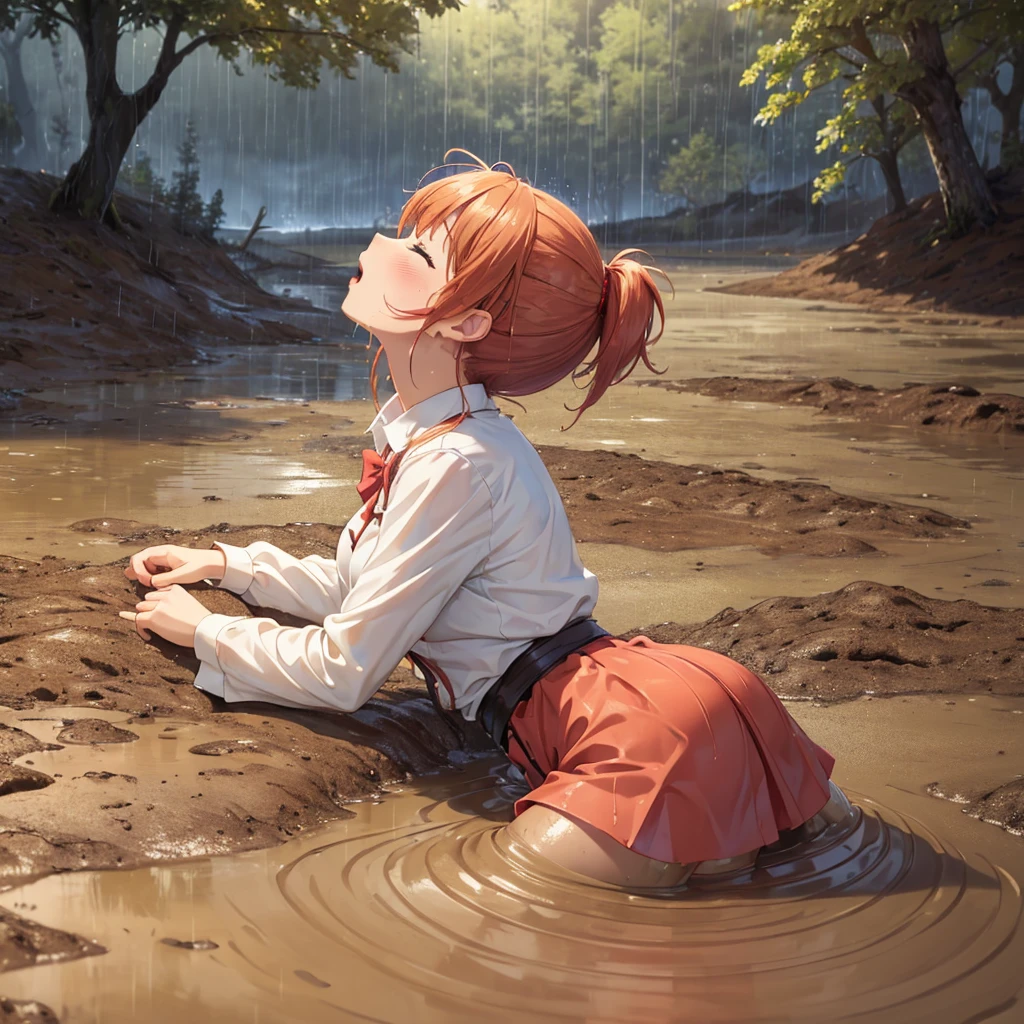 masterpiece, best quality, highres, solo:2, blush, anime CG style, good lighting, swamp, bog, (waist deep in quicksand:1.5), kinomoto sakura, aichan, mikuru1, breasts, (catholic school uniform), white shirt, (red plaid skirt:0.7), ginger girl, red ponytail hair, covered in mud, bog, grass, trees, (orgasm:1.5), (looking up:1.4), beautiful detailed eyes, (from the side:1.5), (rainy weather:1.4), eyes closed, mouth open, head back, arched back