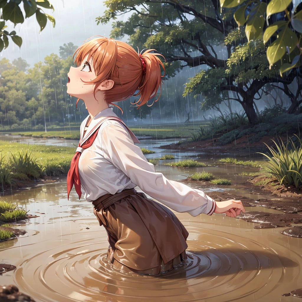 masterpiece, best quality, highres, solo:2, blush, anime CG style, good lighting, swamp, bog, (waist deep in quicksand:1.5), kinomoto sakura, aichan, mikuru1, breasts, (catholic school uniform), white shirt, (red plaid skirt:0.7), ginger girl, red ponytail hair, covered in mud, bog, grass, trees, (orgasm:1.5), (looking up:1.4), beautiful detailed eyes, (from the side:1.5), (rainy weather:1.4), eyes closed, mouth open, head back, arched back