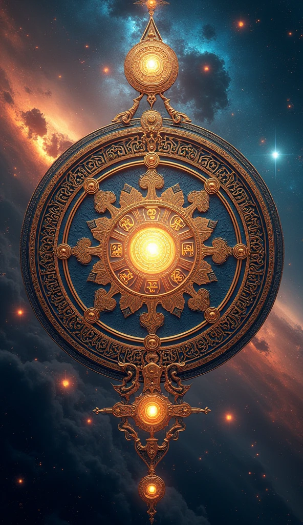 Create an aesthetic high definition ambigram on ancient Indian scriptures and symbols in circular mandala style with a beautiful extraterrestrial background 