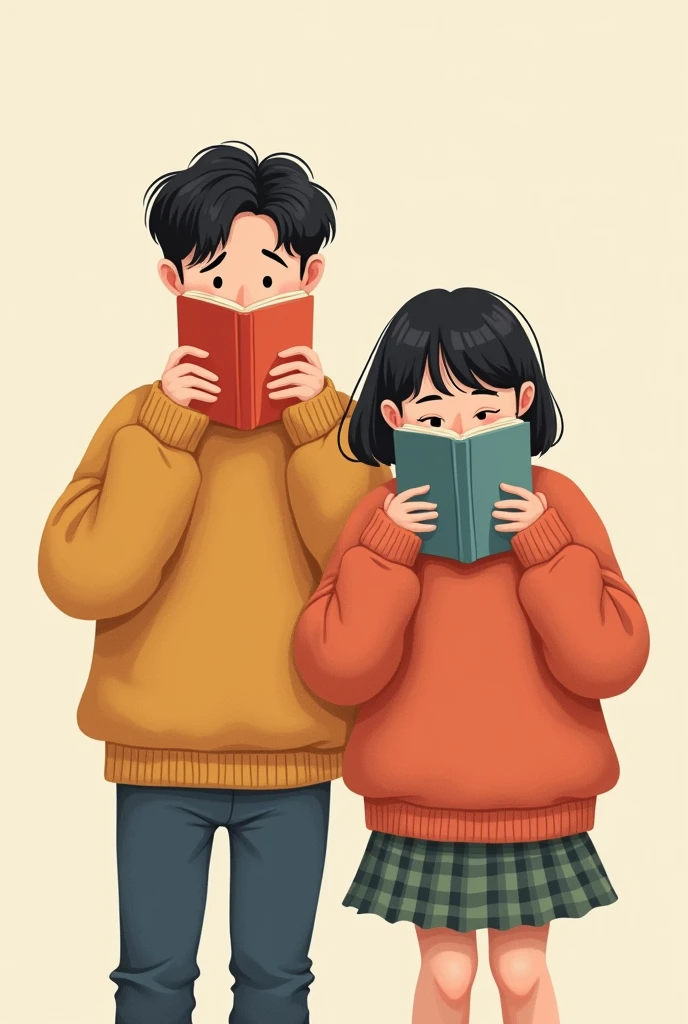 Vector art of couple wearing buggy sweater and both are holding a book covering their face. The guy is taller and the girl is a bit chubby and with short hair and no bangs. The guys hair is korean style but a little skinny