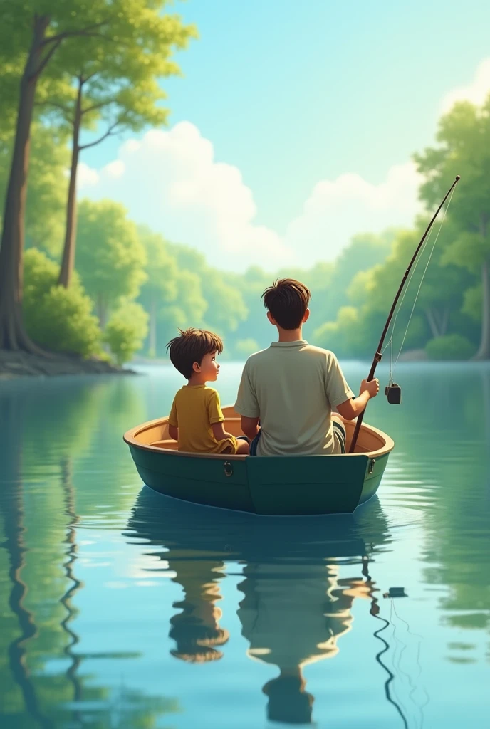 A boy and his father fishing in a boat and in a lake.be calm.cheered up