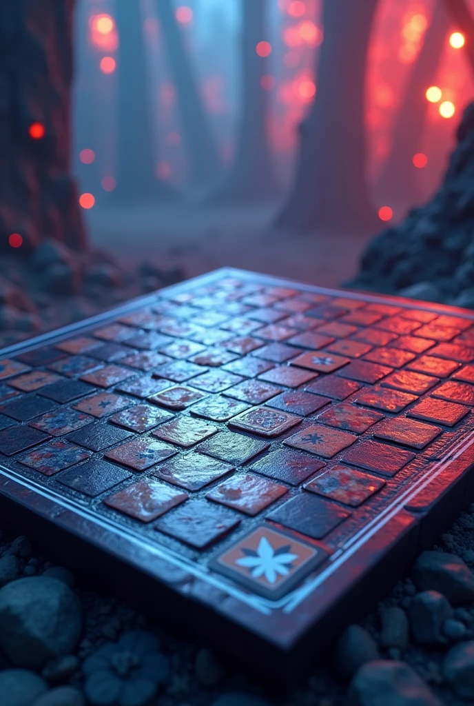 background of a board game called ConjugaQuest, with checkered mesh on the front