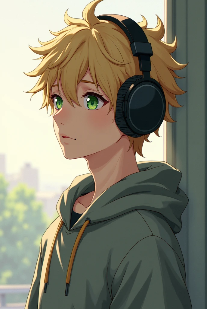 A profile picture of an anime boy with blonde hair and green eyes, with a small mole on the nose, and with thoughtful headphones, in a sweatshirt and looking at the horizon, a little serious and melancholic 