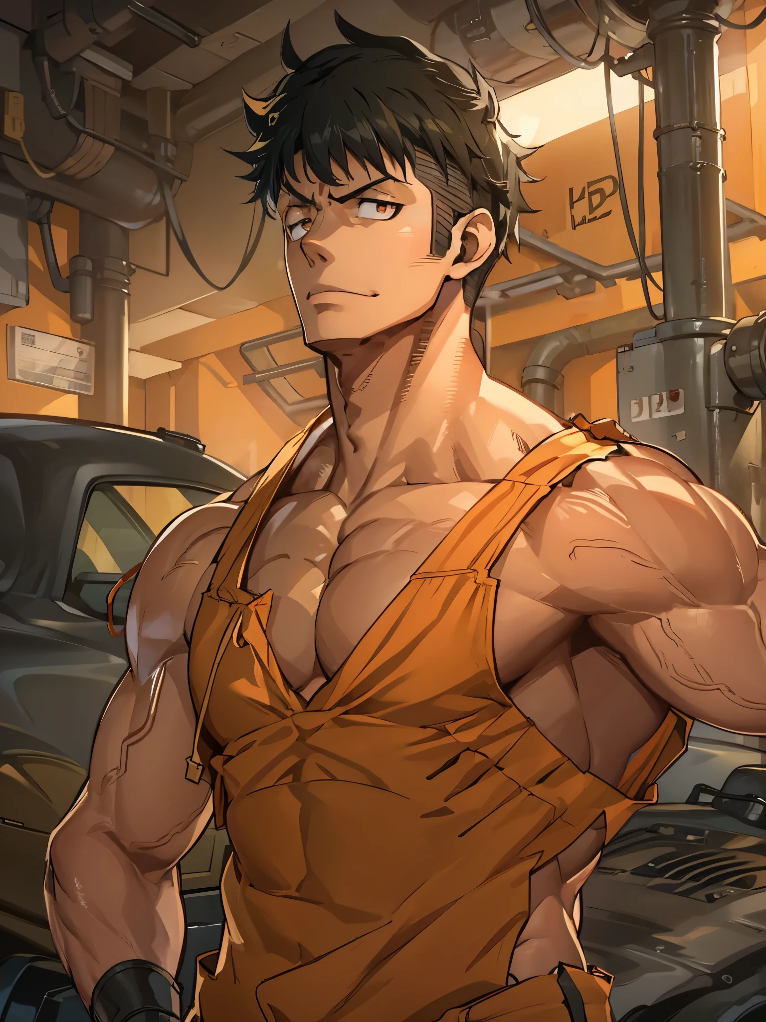 8k, Highly Detailed, Masterpiece, source_anime, best quality, beautifully detailed eyes and beautifully detailed hair, 1man, solo, Digital illustration in an anime style featuring a muscular male character. The character has short, spiky black hair and a determined expression with wide eyes and a slight smirk. His skin is a light tan color, and his physique is highly defined, showcasing prominent muscles on his arms, chest, and abdomen. He is depicted shirtless, wearing an orange jumpsuit to  waist, background is the character is in a car repair shop