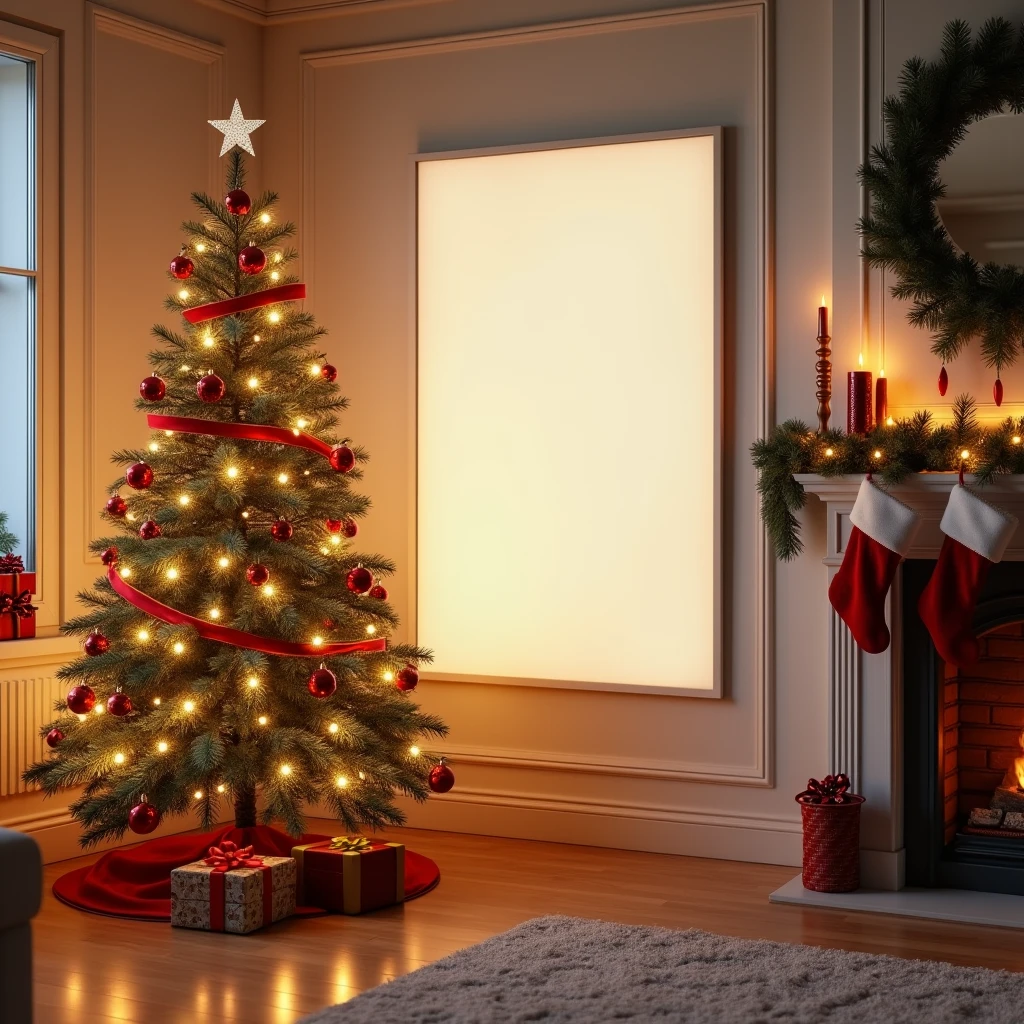 An ultra-realistic living room decorated for Christmas, with a vertical DIN A-sized white-framed canvas hanging on the wall above a cozy fireplace. The blank canvas reflects the warm glow of the Christmas lights draped around the mantel and the flickering flames from the fireplace. A beautifully decorated Christmas tree stands beside the fireplace, casting soft shadows on the blank canvas. The room is filled with holiday decor, garlands, and stockings, creating a festive and detailed atmosphere. Light wood floors and plush furniture add to the warm and inviting scene