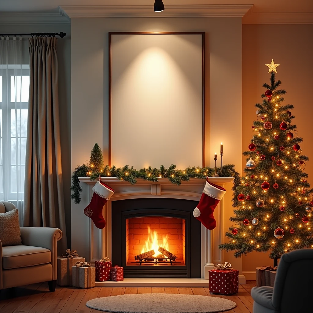 An ultra-realistic living room decorated for Christmas, with a vertical DIN A-sized white-framed canvas hanging on the wall above a cozy fireplace. The blank canvas reflects the warm glow of the Christmas lights draped around the mantel and the flickering flames from the fireplace. A beautifully decorated Christmas tree stands beside the fireplace, casting soft shadows on the blank canvas. The room is filled with holiday decor, garlands, and stockings, creating a festive and detailed atmosphere. Light wood floors and plush furniture add to the warm and inviting scene