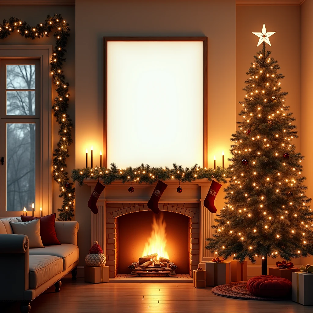 An ultra-realistic living room decorated for Christmas, with a vertical DIN A-sized white-framed canvas hanging on the wall above a cozy fireplace. The blank canvas reflects the warm glow of the Christmas lights draped around the mantel and the flickering flames from the fireplace. A beautifully decorated Christmas tree stands beside the fireplace, casting soft shadows on the blank canvas. The room is filled with holiday decor, garlands, and stockings, creating a festive and detailed atmosphere. Light wood floors and plush furniture add to the warm and inviting scene