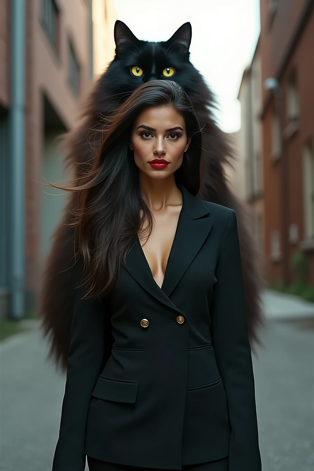 Daytime alley shot: A striking young woman, dressed in a sharp suit, short skirt, and black high heels, stands confidently with long black hair framing her face. Her bold red lips are the focal point as she gazes directly at the camera. Behind her, an enormous Maine cat, its gray and black fur standing tall like a man, exudes dominance through its piercing yellow eyes. Its fluffy locks appear almost regal, drawing attention to the unusual yet striking pairing.