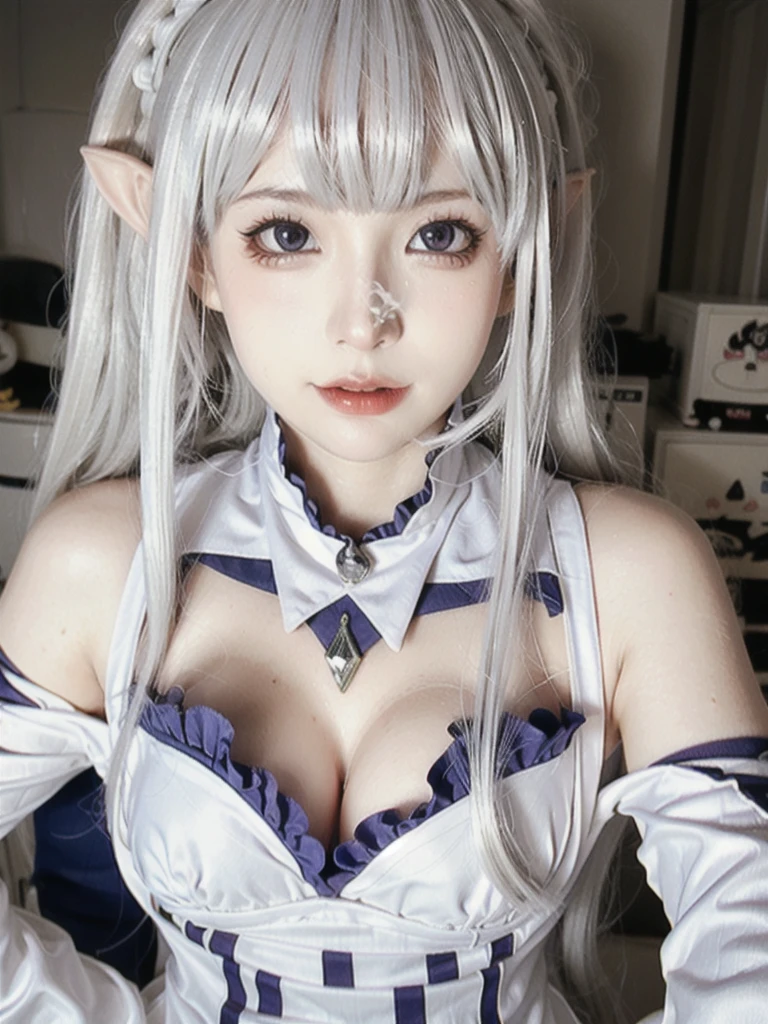 ulzzang-6500-v1.1,(raw photo:1.2),((photorealistic:1.4))best quality ,masterpiece, illustration, an extremely delicate and beautiful, extremely detailed ,CG ,unity ,8k wallpaper, finely detail, best quality,extremely detailed CG unity 8k wallpaper,absurdres, incredibly absurdres, big breats,sexy body,huge filesize, ultra-detailed, highres, extremely detailed,beautiful detailed girl, extremely detailed eyes and face, beautiful detailed eyes,light on face,cinematic lighting,1girl,(full body),(full-body shot),looking at viewer,outdoors, silver_hair, pointy_ears, purple_eyes, hair_ornament, hair_ribbon, lips