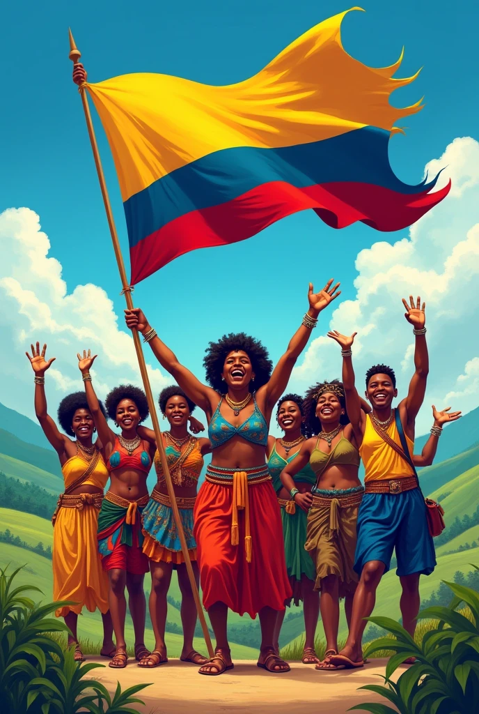 Make a picture of Afro-Colombians with the flag of the Liberal Party 