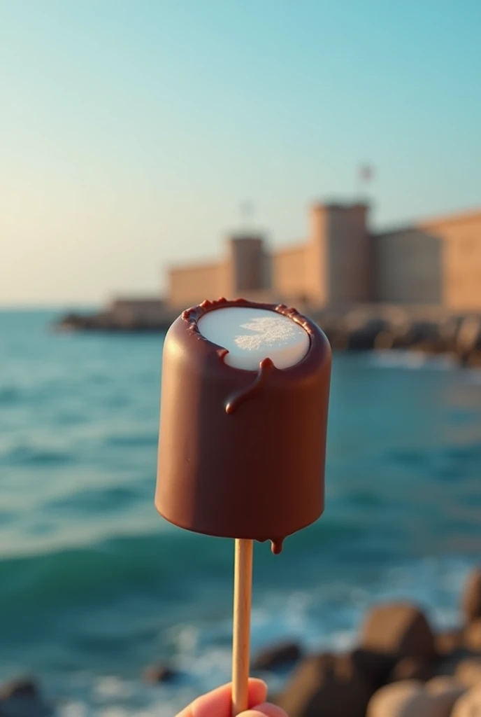  Chocolate covered marshmallow on a stick with a background of the Callao sea and an anchor and the Real Felipe fortress 