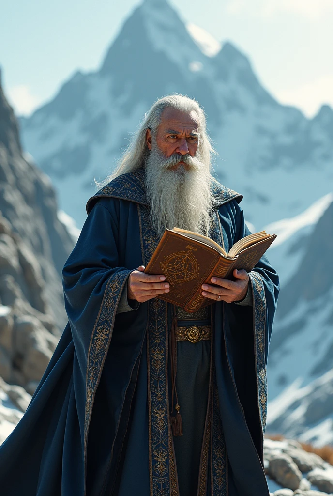 Wizard in mountains with book in hand