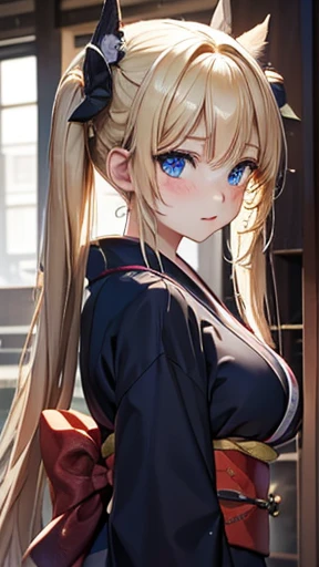 Blonde,Long twin tails,Very curled hair,Bright blue eyes,freckles,Big Breasts,ager,Skin-tight clothing,kimono,kimono