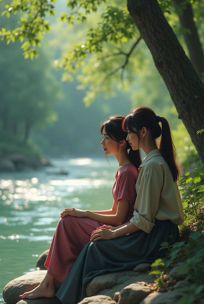 Sisters by the river remembering and seeing how their lives have changed as adults