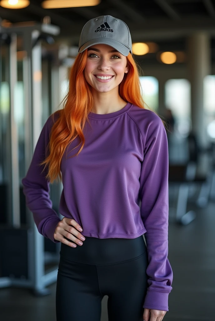 generates a beautiful girl with orange hair, Bright hazel eyes, charming smile, White skin, wearing an Adidas sports cap, a purple sports sweater, black sports leggings, Adidas sports shoes, gym background, Professional full body photography , Super 8K UHD resolution, aperture v4, perfect composition, Ultra-sharp minute details, very sharp and well defined, that your pose is standing with one hand on your waist and the other waving towards the camera while smiling, body fitness, masterpiece