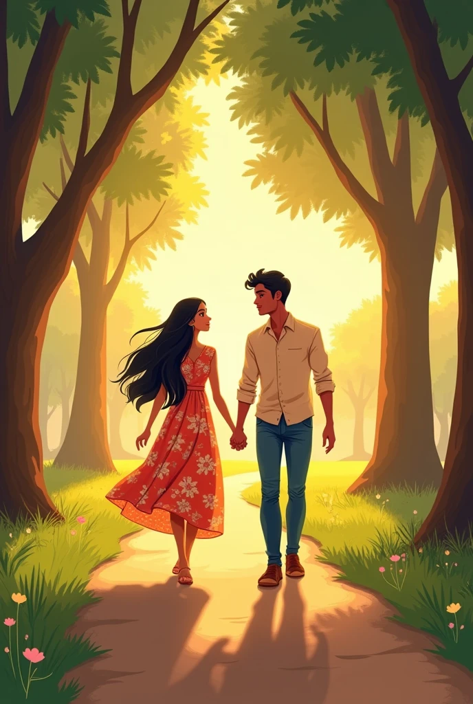 Create a Indian cartoon charcter of The couple walking hand in hand through a serene park in the evening, with tall trees casting long shadows. The girl is wearing a floral dress, and the boy is in a casual shirt and jeans. The atmosphere is romantic, with the golden hour light filtering through the leaves.