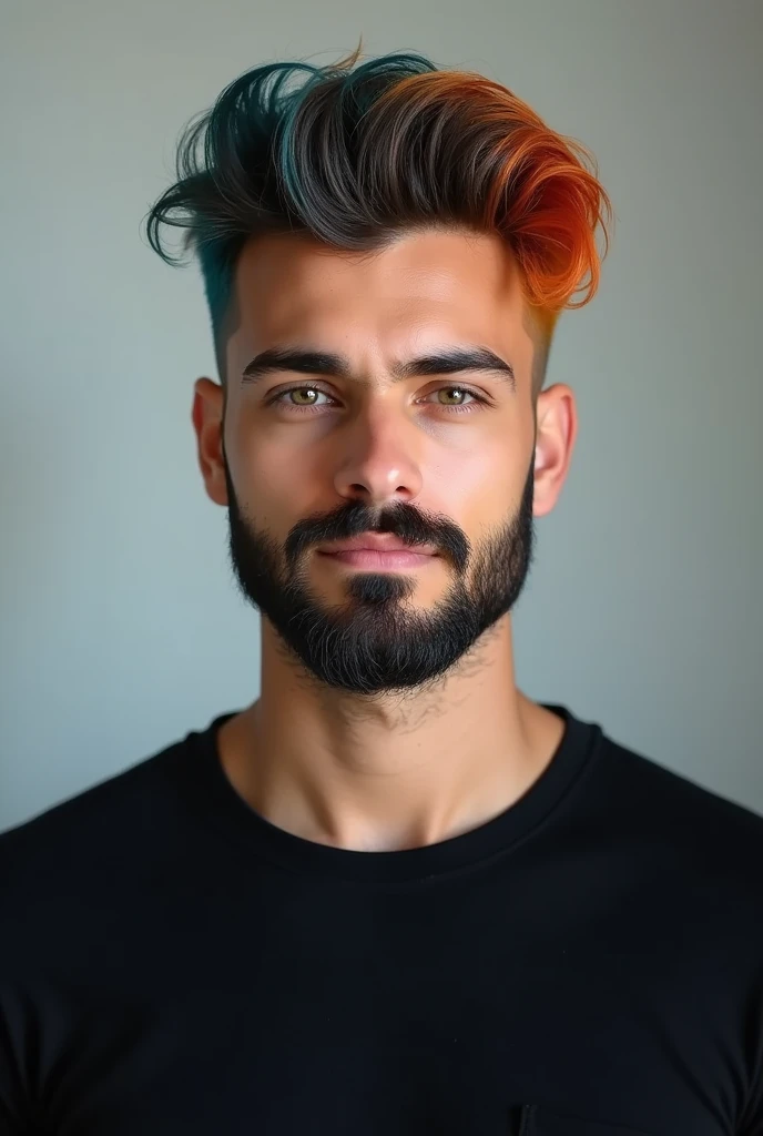 Young bearded man in black t-shirt, gradient hair