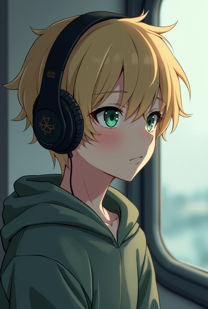 A profile picture of an anime boy with blonde hair and green eyes, with eyeliner and thoughtful headphones, in a sweatshirt and looking at the horizon, a little serious and melancholic