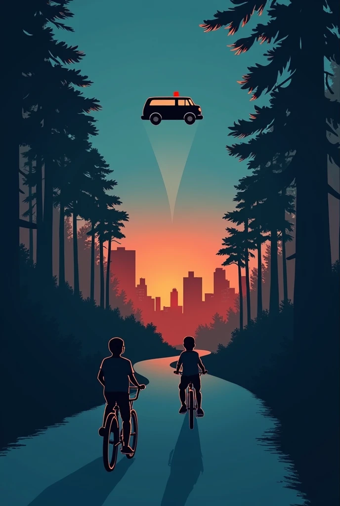 "A panoramic scene inspired by Stranger Things with a minimalist style similar to Olly Moss. In the top third of the image, spread across the wide frame, three kids are riding their bikes on a dark road through a forest. Eleven, with a shaved head, is sitting on the bike behind one of the boys. In front of them, a police van is being lifted into the air. The middle third shows the town of Hawkins in the background, with iconic buildings spread across the panorama, all bathed in contrasting orange and blue light. The style is simple, using silhouettes and bold contrasting colors, reminiscent of vintage movie posters."