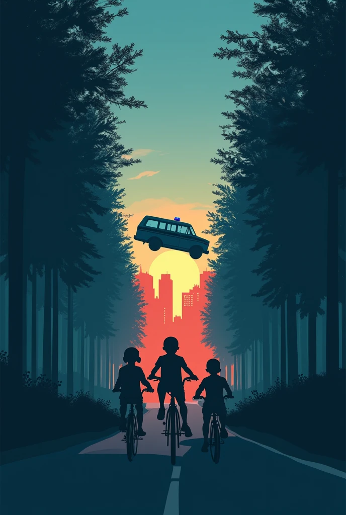 "A panoramic scene inspired by Stranger Things with a minimalist style similar to Olly Moss. In the top third of the image, spread across the wide frame, three kids are riding their bikes on a dark road through a forest. Eleven, with a shaved head, is sitting on the bike behind one of the boys. In front of them, a police van is being lifted into the air. The middle third shows the town of Hawkins in the background, with iconic buildings spread across the panorama, all bathed in contrasting orange and blue light. The style is simple, using silhouettes and bold contrasting colors, reminiscent of vintage movie posters."