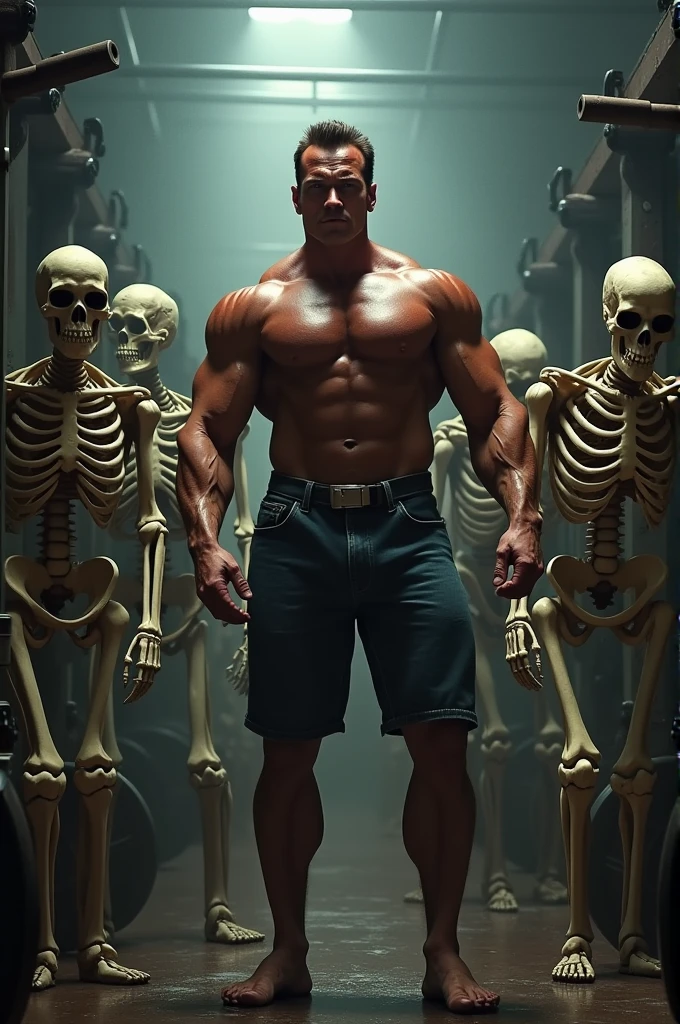 arnold schwarzenegger without a shirt fighting with skeletons in the gym