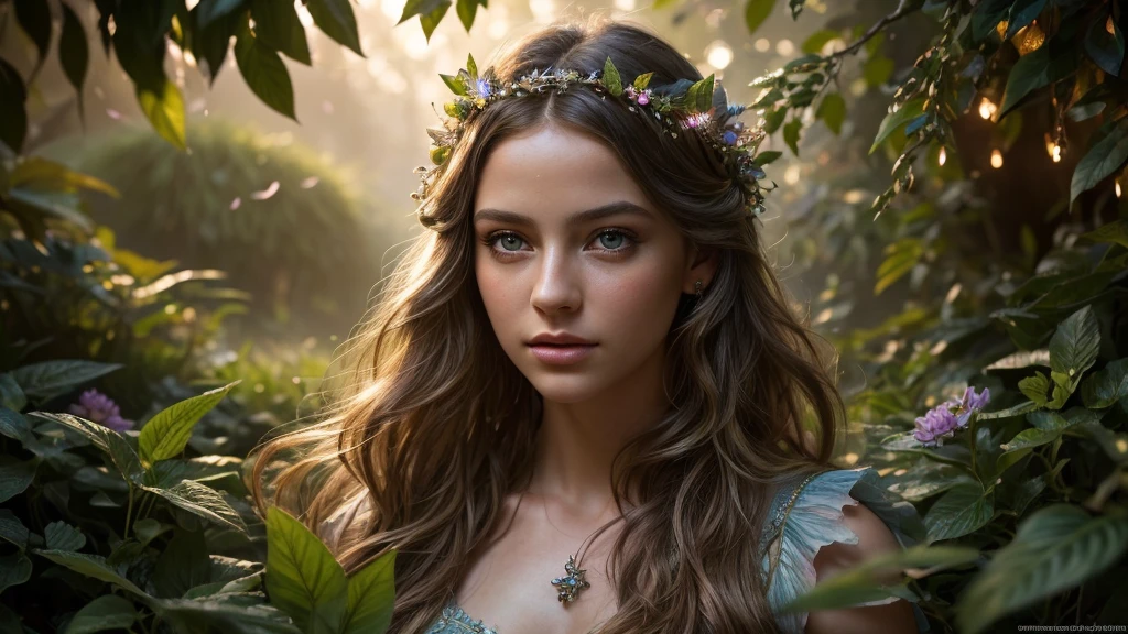 a girl in a magical garden, beautiful detailed eyes, beautiful detailed lips, extremely detailed eyes and face, long eyelashes, beautiful young woman, radiant glowing expression, whimsical fantasy, magical realism, dreamlike, ethereal, intricate details, lush foliage, enchanted forest, glowing fairy lights, iridescent butterflies, vibrant colors, warm lighting, (best quality,4k,8k,highres,masterpiece:1.2),ultra-detailed,(realistic,photorealistic,photo-realistic:1.37),fantasy art,cinematic,dramatic lighting,vivid colors,ethereal atmosphere