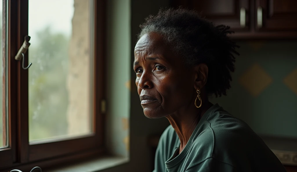 A real picture of unhappy lady from Africa sitting behind kitchen window wondering and scared about the future 