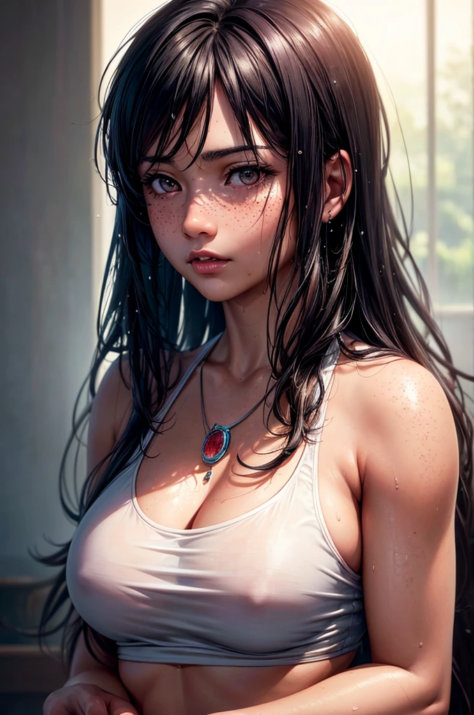 Kaori, Single model, solo, half Asian, half Latino, very long curly black hair, freckles, blushing, wet eyes, long chain pendant, very large heavy breasts, chubby, belly, stretchmarks, fitted pink tank top (braless) small orange lycra shots (best quality,4k,8k,highres,masterpiece:1.2),ultra-detailed,(realistic,photorealistic,photo-realistic:1.37),detailed portrait, cinematic lighting, natural skin texture, intricate details, dramatic colors, moody atmosphere, seductive pose