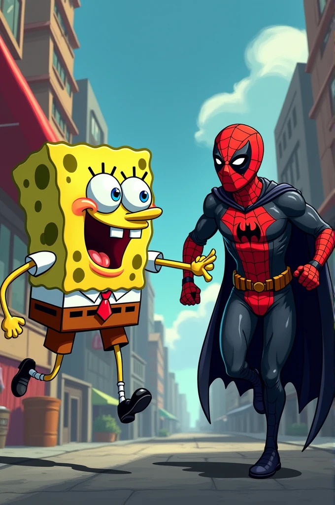 Spongebob selling tacos to Batman while Deadpool runs to Spiderman very realistically