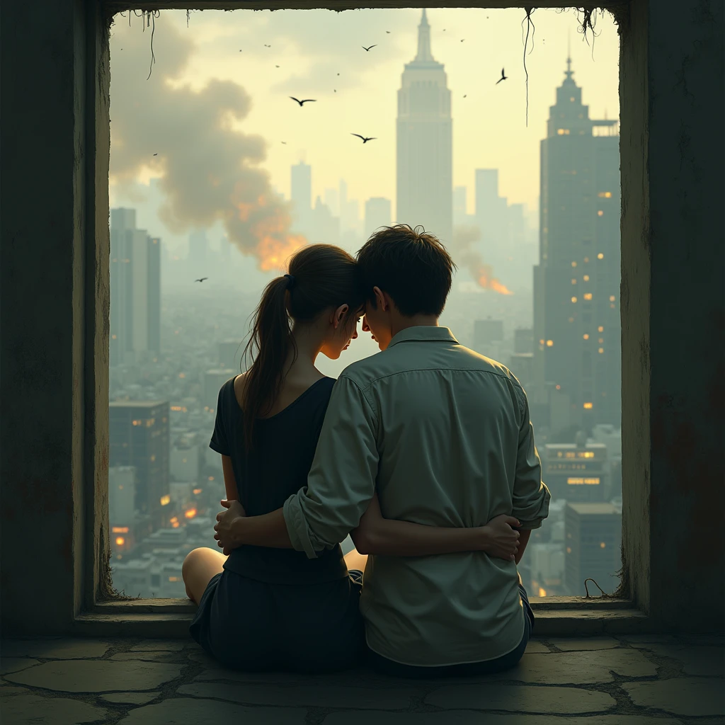 A couple lies together, watching the world fall apart, in a touching way.