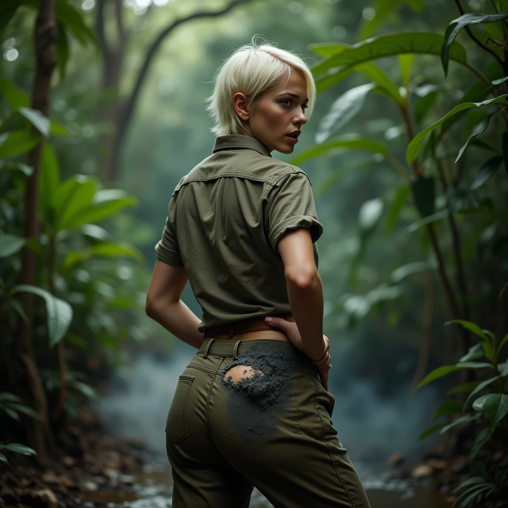 Big ass , We also see her face , , big butt , it's 1940 , We see the girl from behind. , She looks at the viewer , , A hilarious cinematic scene of a young, talented actress who looks like Doris Day, dressed as a poacher in the heart of the jungle. She is over, wearing long pants and a hunter's shirt, and holding a rifle. The edges of a large hole in her pants in the butt area have charcoal marks, and there is a significant amount of smoke emanating from her butt , Her platinum blonde hair is short and sleek, and she appears to be around 30 years old. In a sudden moment of physical comedy, the actress screams in pain, her eyes and mouth wide open, revealing a gaping hole in her pants in the butt area from a shotgun accident. The scene is captured in stunning 4K high definition, with the jungle as a backdrop, and a comedic tone throughout. , Up close