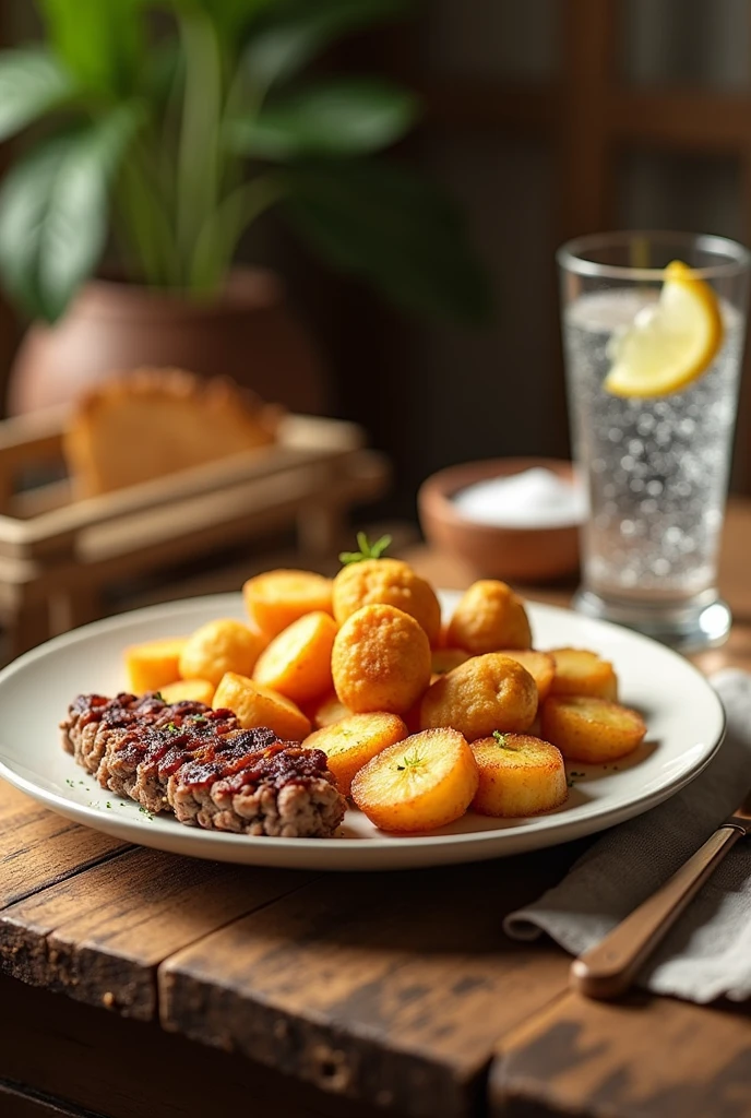 photoshot: table(wood), Plate on the plate potatoes fried minced meat next to sparkling water with lemon and salt 3D realistic