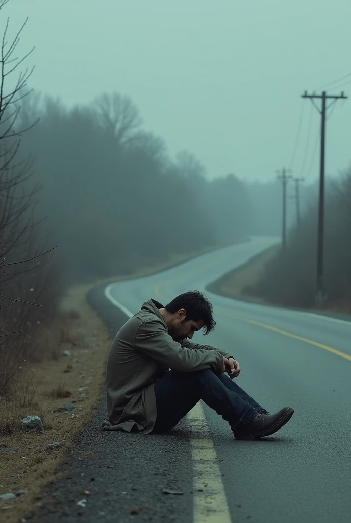a depress man sit beside on the road.