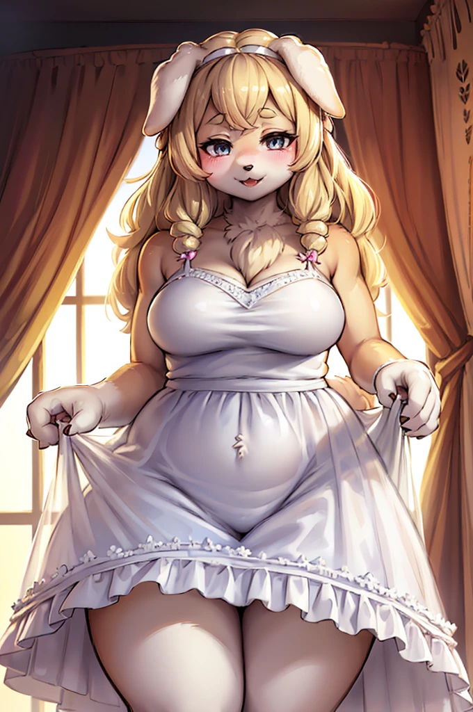 (Furry,Dog Girl,Hairy in a sheer white dress, big , Plump:1.3),(Highest quality,High resolution,Very detailed,Realistic:1.37),Beautiful attention to detail,Beautiful lip detail,Very detailed目と顔,Long eyelashes,Soft fur,blonde,Natural light,pastel colour,Peaceful atmosphere,Warm and comfortable environment, Vibrant colors, Playful expressions, A kind smile, Sparkling eyes, Curly Hair, Elegant pose, cute dog ears, Cute tail, Fluffy skirt, Delicate embroidery, See-through dress, pure white, A dress that shows your silhouette, ribbon,Rustic white frills,Luxury Fabric