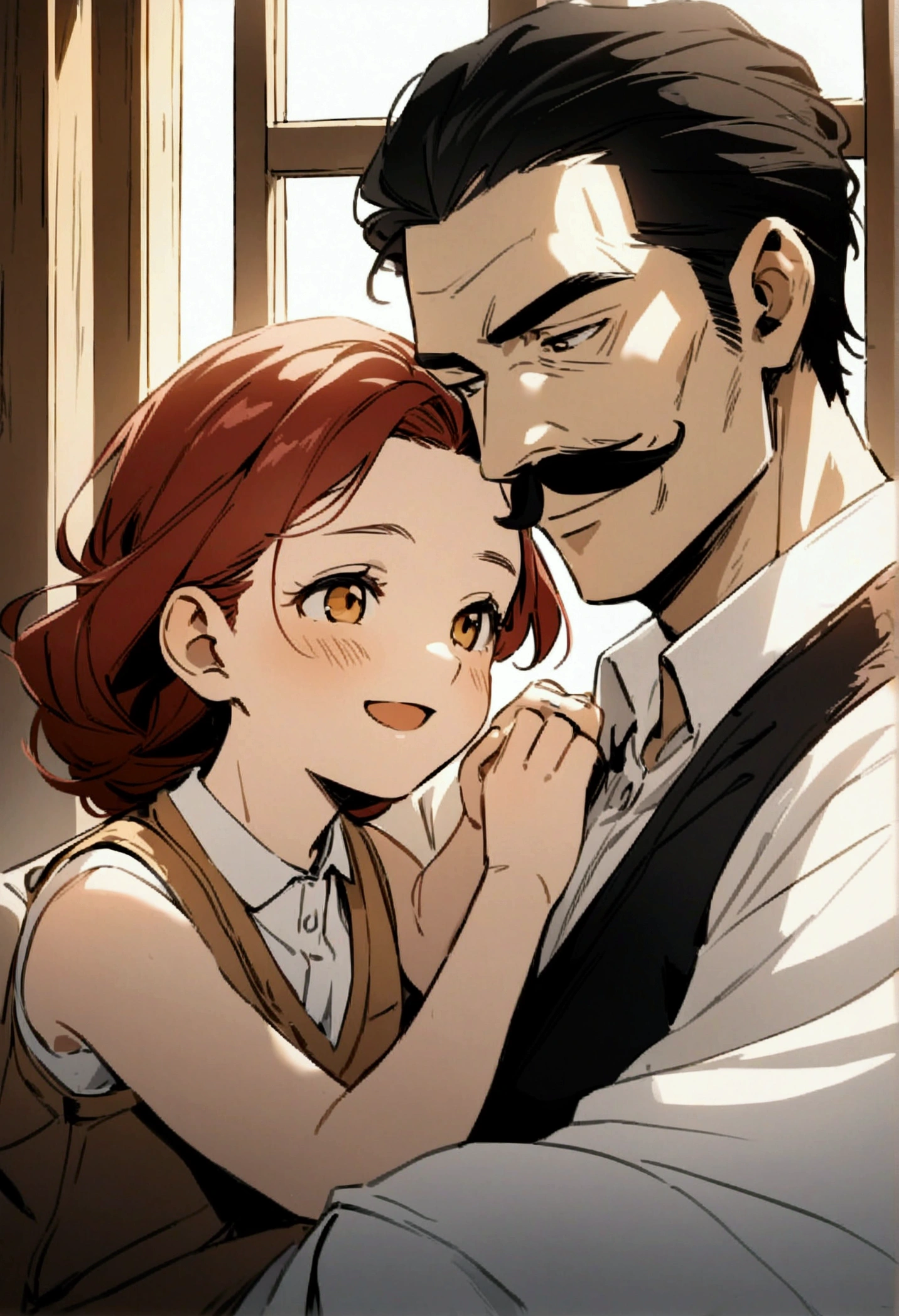 (best quality,High resolution:1.2),(Practical,photoPractical:1.37),Father portrait,Loving Father,Gentle eyes and smile,wisdom and experience, Mustache,Deep wrinkles and smile lines,Kind,white hair,haori white and black,Confident expression,Rustic charm,soft light,Black and White Photography,Vivid details,emotional connection,Unforgettable and warm,A love passed down from generation to generation,Dignity and grace,Wise and resilient,Strong presence,Fatherly love,precious,Eternal beauty,Unconditional love,Admiration and respect,family legacy,thoughtful gaze,Always cherish,Parental guidance and support,Good role model,Unbreakable bond,Deep wisdom and love,The greatest teacher,Unforgettable moments,Treasure forever. Kid has red hair, determined face, black vest and orange highlights on vest, sleeveless vest, small muscles showing.